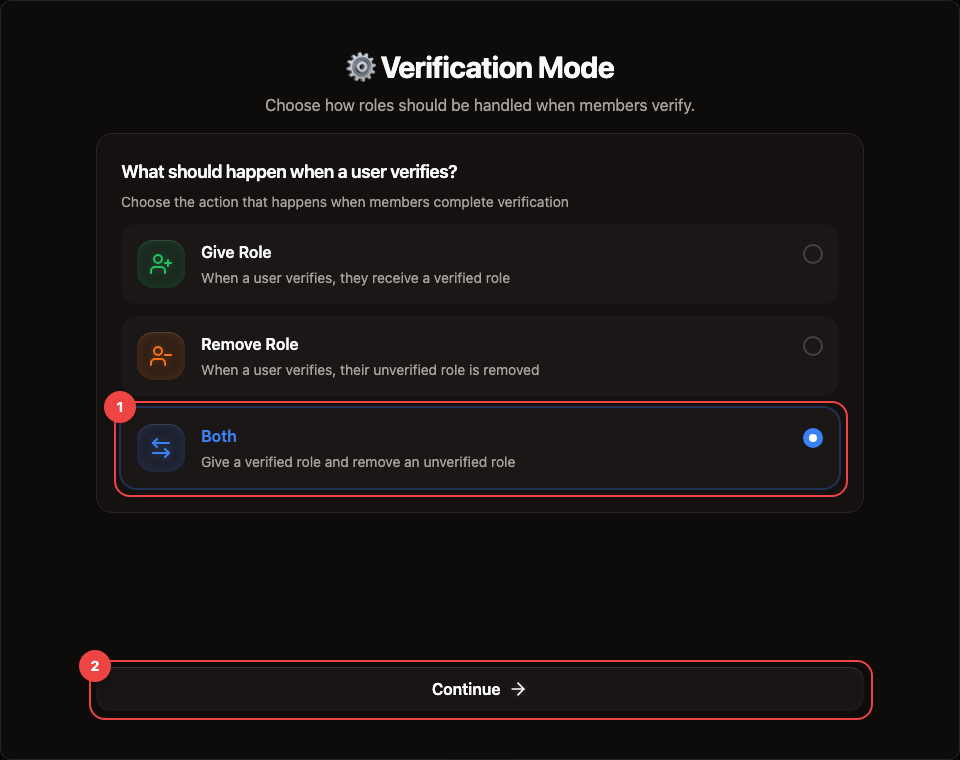 RestoreCord verification role mode step with role action options highlighted