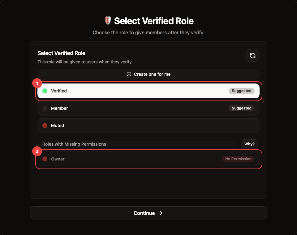 RestoreCord role selection step with the verified role and continue button highlighted