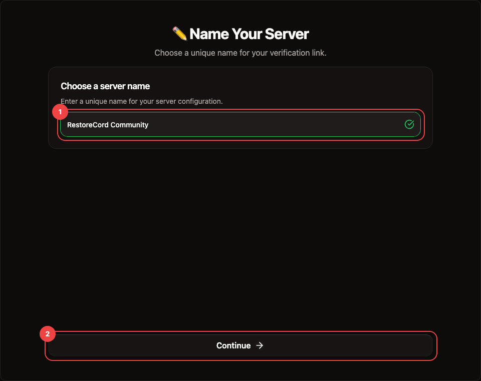 RestoreCord server name step with the server name field highlighted