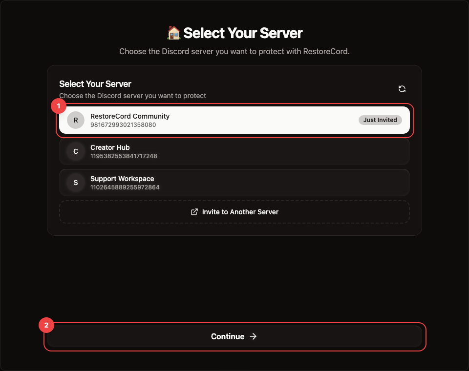 RestoreCord server selection step with the target server and continue button highlighted