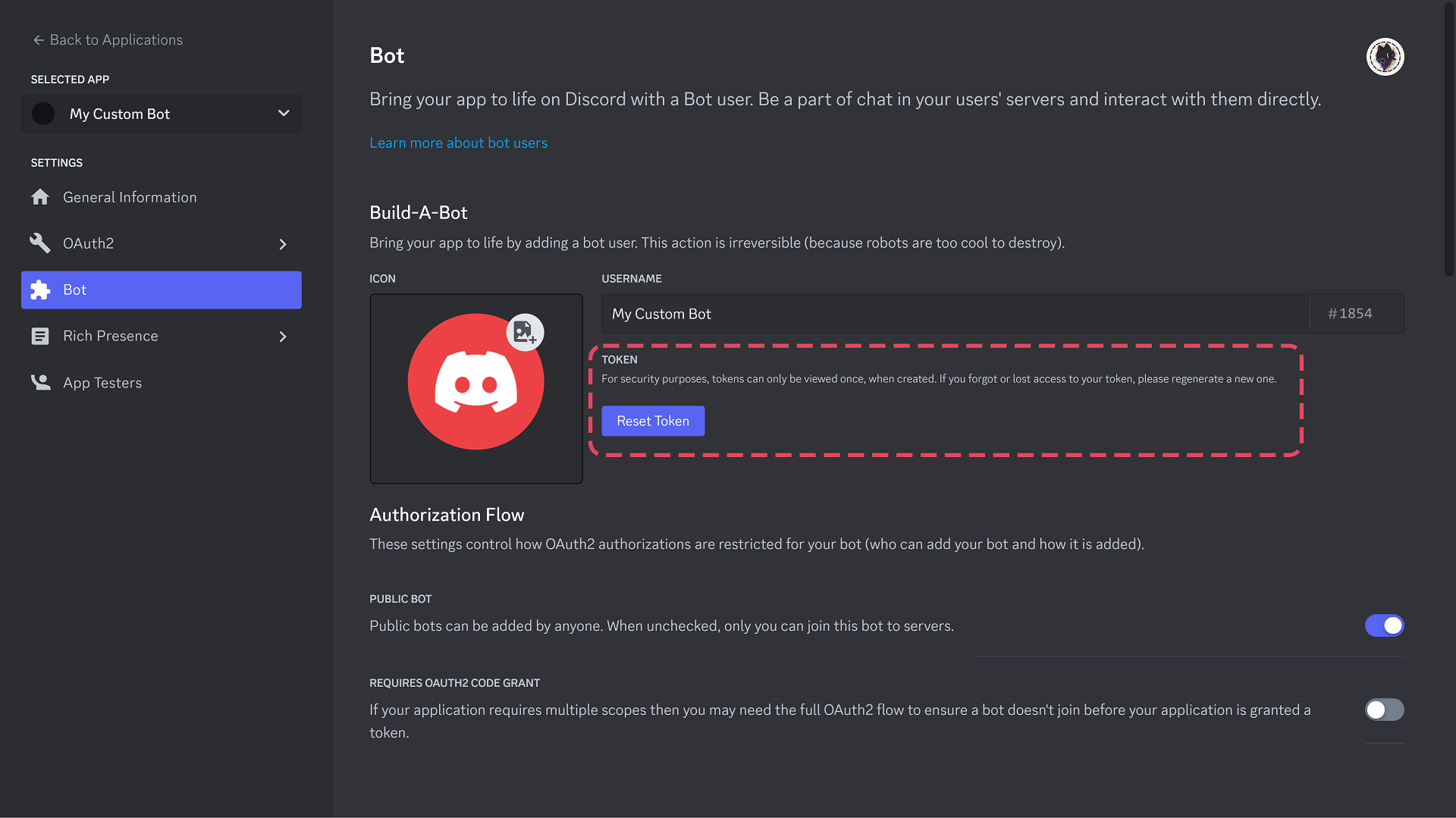 Discord bot token location
