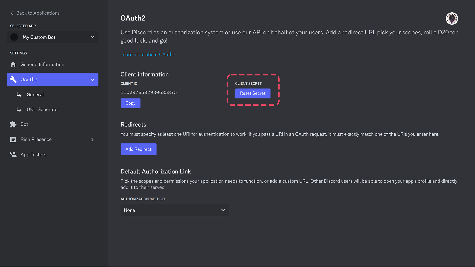 Discord OAuth2 client secret location