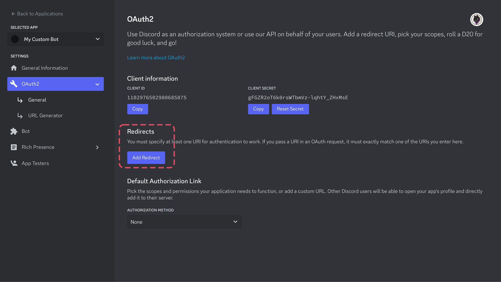 Discord OAuth2 redirect URL configuration